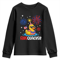 Firequacker Funny Patriotic Rubber Duck Youth Sweatshirt Cool American Flag Sunglasses and Stars Swim Ring Summer Fireworks