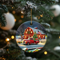 Vintage Red Truck Christmas Christmas Ceramic Ornament Patriotic Holiday Country Barn with Wreath American Flag - Wonder Print Shop