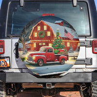 Vintage Red Truck Christmas Spare Tire Cover Patriotic Holiday Country Barn with Wreath American Flag - Wonder Print Shop