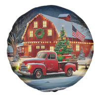 Vintage Red Truck Christmas Spare Tire Cover Patriotic Holiday Country Barn with Wreath American Flag - Wonder Print Shop