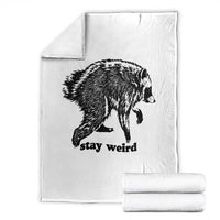 Stay Weird Jimothy the Raccoon Vintage Woodcut Style Graphic Throw Blanket Funny Seattle Trash Panda Meme