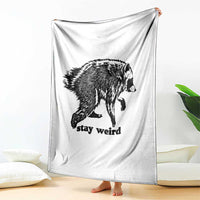 Stay Weird Jimothy the Raccoon Vintage Woodcut Style Graphic Throw Blanket Funny Seattle Trash Panda Meme