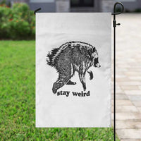 Stay Weird Jimothy the Raccoon Vintage Woodcut Style Graphic Garden Flag Funny Seattle Trash Panda Meme