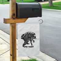Stay Weird Jimothy the Raccoon Vintage Woodcut Style Graphic Garden Flag Funny Seattle Trash Panda Meme