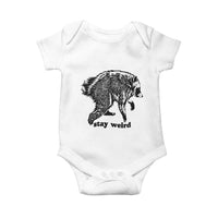 Stay Weird Jimothy the Raccoon Vintage Woodcut Style Graphic Baby Onesie Funny Seattle Trash Panda Meme