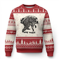 Stay Weird Jimothy the Raccoon Vintage Woodcut Style Graphic Ugly Christmas Sweater Funny Seattle Trash Panda Meme