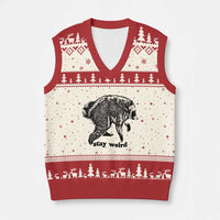 Stay Weird Jimothy the Raccoon Vintage Woodcut Style Graphic V-Neck Knit Sweater Vest Funny Seattle Trash Panda Meme