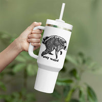 Stay Weird Jimothy the Raccoon Vintage Woodcut Style Graphic Tumbler With Handle Funny Seattle Trash Panda Meme