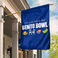 I'm Just Here for the Benito Bowl Funny Puerto Rican Game Day Garden Flag Plantains Chairs and Flag Music Fans