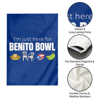 I'm Just Here for the Benito Bowl Funny Puerto Rican Game Day Garden Flag Plantains Chairs and Flag Music Fans