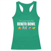 I'm Just Here for the Benito Bowl Funny Puerto Rican Game Day Racerback Tank Top Plantains Chairs and Flag Music Fans