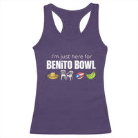 I'm Just Here for the Benito Bowl Funny Puerto Rican Game Day Racerback Tank Top Plantains Chairs and Flag Music Fans
