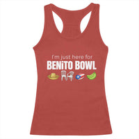 I'm Just Here for the Benito Bowl Funny Puerto Rican Game Day Racerback Tank Top Plantains Chairs and Flag Music Fans