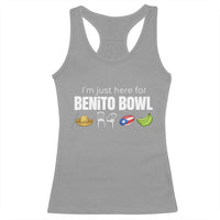 I'm Just Here for the Benito Bowl Funny Puerto Rican Game Day Racerback Tank Top Plantains Chairs and Flag Music Fans