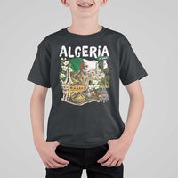 Algeria Algerian Culture and Landmarks Collage Graphic T Shirt For Kid Proud Fennec Fox Heritage and Arabic Calligraphy