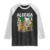 Algeria Algerian Culture and Landmarks Collage Graphic Raglan Shirt Proud Fennec Fox Heritage and Arabic Calligraphy