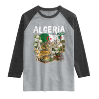 Algeria Algerian Culture and Landmarks Collage Graphic Raglan Shirt Proud Fennec Fox Heritage and Arabic Calligraphy