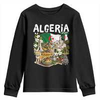 Algeria Algerian Culture and Landmarks Collage Graphic Youth Sweatshirt Proud Fennec Fox Heritage and Arabic Calligraphy