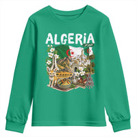 Algeria Algerian Culture and Landmarks Collage Graphic Youth Sweatshirt Proud Fennec Fox Heritage and Arabic Calligraphy