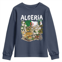 Algeria Algerian Culture and Landmarks Collage Graphic Youth Sweatshirt Proud Fennec Fox Heritage and Arabic Calligraphy