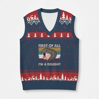 Funny Screaming Moo Deng V-Neck Knit Sweater Vest First Of All I'm A Delight Retro Vintage - Wonder Print Shop