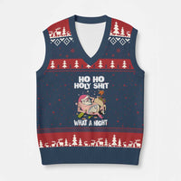 Funny Drunk Santa V-Neck Knit Sweater Vest Ho Ho Holy Shit What A Night - Wonder Print Shop