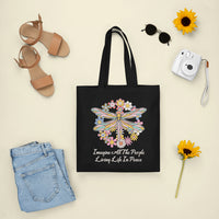 Imagine All the People Living in Peace Tote Bag, Dragonfly Tote Bag, Hippie Tote Bag, Boho Style, Hippie Music Lover 70's Retro Tote Bag - Wonder Print Shop