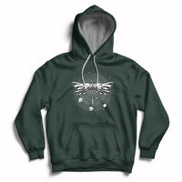 Forest green hoodie with front dragonfly mandala graphic, hood and kangaroo pocket.