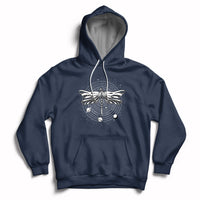Navy hoodie with front dragonfly mandala graphic, hood and kangaroo pocket.
