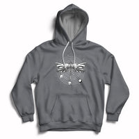 Charcoal gray hoodie with front dragonfly mandala graphic, hood and kangaroo pocket.