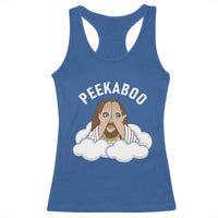 Peekaboo Jesus Funny Christian Racerback Tank Top Faith Humor Savior in Clouds Religious Meme