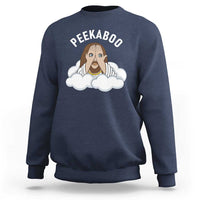 Peekaboo Jesus Funny Christian Sweatshirt Faith Humor Savior in Clouds Religious Meme