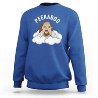 Peekaboo Jesus Funny Christian Sweatshirt Faith Humor Savior in Clouds Religious Meme