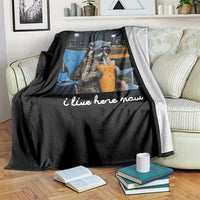 Funny Raccoon Baseball Game Day Meme Throw Blanket I Live Here Now Trash Panda Iced Coffee Night