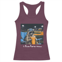 Funny Raccoon Baseball Game Day Meme Racerback Tank Top I Live Here Now Trash Panda Iced Coffee Night