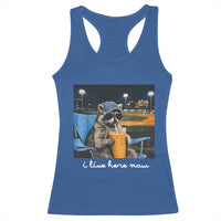 Funny Raccoon Baseball Game Day Meme Racerback Tank Top I Live Here Now Trash Panda Iced Coffee Night