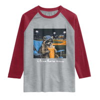 Funny Raccoon Baseball Game Day Meme Raglan Shirt I Live Here Now Trash Panda Iced Coffee Night