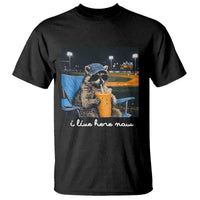 Funny Raccoon Baseball Game Day Meme T Shirt I Live Here Now Trash Panda Iced Coffee Night