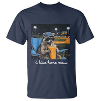 Funny Raccoon Baseball Game Day Meme T Shirt I Live Here Now Trash Panda Iced Coffee Night