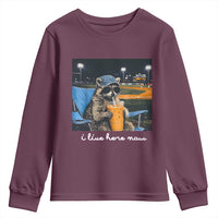 Funny Raccoon Baseball Game Day Meme Youth Sweatshirt I Live Here Now Trash Panda Iced Coffee Night