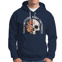 Navy pullover hoodie with white drawstring and floral skull graphic on chest.