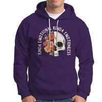 Purple pullover hoodie with white drawstring and floral skull graphic on chest.