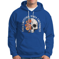 Royal blue pullover hoodie with white drawstring and floral skull graphic on chest.