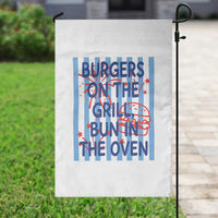 Patriotic 4th of July Pregnancy Announcement Preppy Style Garden Flag Burgers On The Grill Bun In The Oven Summer BBQ