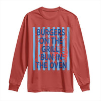 Patriotic 4th of July Pregnancy Announcement Preppy Style Long Sleeve Shirt Burgers On The Grill Bun In The Oven Summer BBQ