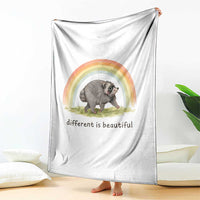 Cute Viral Raccoon Positive Quote Throw Blanket Different Is Beautiful Pastel Rainbow Graphic