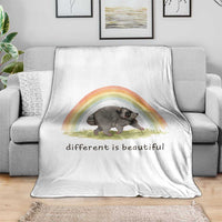 Cute Viral Raccoon Positive Quote Throw Blanket Different Is Beautiful Pastel Rainbow Graphic