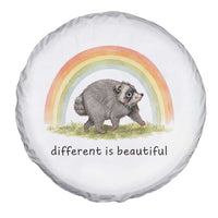 Cute Viral Raccoon Positive Quote Spare Tire Cover Different Is Beautiful Pastel Rainbow Graphic