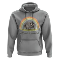 Cute Viral Raccoon Positive Quote Hoodie Different Is Beautiful Pastel Rainbow Graphic