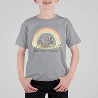 Cute Viral Raccoon Positive Quote T Shirt For Kid Different Is Beautiful Pastel Rainbow Graphic
